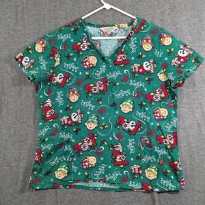 Comfy Cotton Womens Scrub Top 100% Cotton Green Elves Christmas Holiday Size L